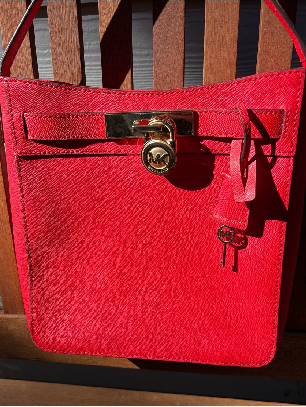 Michael Kors Hamilton Lock Crossbody Red Saffiano Leather Gold Hardware